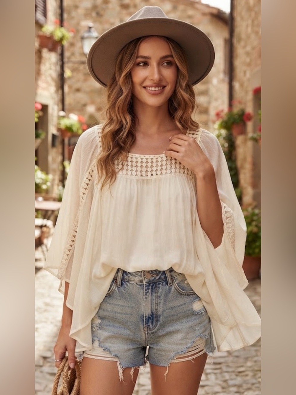 Black Rainn Cream Off-White Crochet Trim Flowy Boho Blouse Top Size L